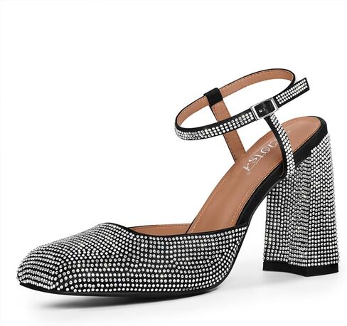 Women's Rhinestone Closed Square Toe Chunky High Heel Sandals Ankle Strap Buckle Slingback Party Dress Pumps Shoes in Saudi Arabia