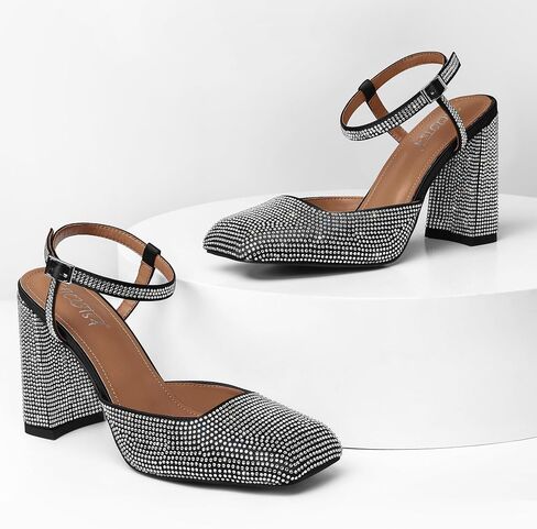Women's Rhinestone Closed Square Toe Chunky High Heel Sandals Ankle Strap Buckle Slingback Party Dress Pumps Shoes in Saudi Arabia
