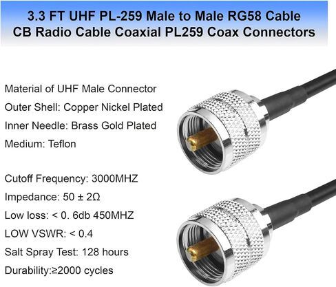 RG58 Cable CB Radio Cable PL259 Jumper 3.3FT(1M) Low Loss UHF PL-259 Male to Male Radio Cable Coaxial PL259 Coax Connectors for CB Antenna Cable for VHF HF 50 ohm RG58 Coax Cable in Saudi Arabia