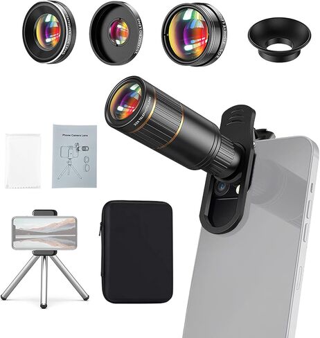 Andoer 4-in-1 Phone Lens Kit External Phone Camera Lens Set with 22X Telephoto Lens 205° Fisheye Lens 4K 0.67X Wide Angle Lens 25X Macro Lens Clip Phone Mini Tripod Replacement for iPhone 15/14/13/12 in Saudi Arabia
