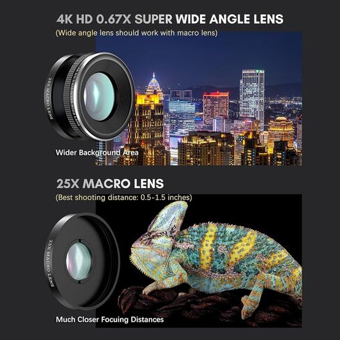 Andoer 4-in-1 Phone Lens Kit External Phone Camera Lens Set with 22X Telephoto Lens 205° Fisheye Lens 4K 0.67X Wide Angle Lens 25X Macro Lens Clip Phone Mini Tripod Replacement for iPhone 15/14/13/12 in Saudi Arabia