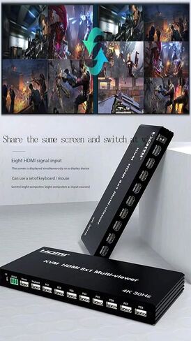 HDMI متعدد المشاهد 8 × 1 مع KVM PIP، شاشة متعددة الشاشات مكونة من ثماني صور، تبديل سلس، محول متعدد الصور يدعم لوحة المفاتيح وماوس الفيديو RS232 IR 3D 4K 30 هرتز 16 وضع عرض in Kuwait