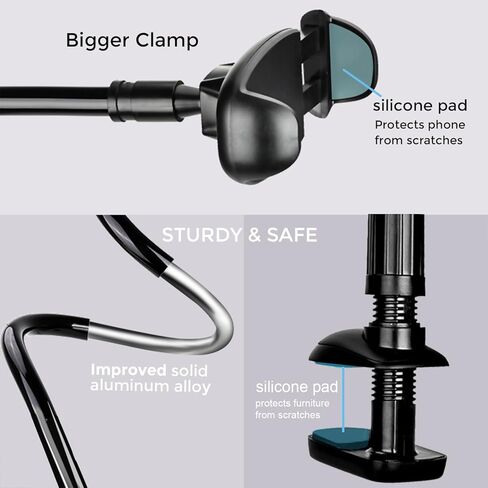 TONDA Cell Phone Holder Clip Bed Stand with Flexible Long Arm Gooseneck Bracket Grip Mount Clamp for Desk, Compatible with iPhone 15 14 Pro Max XR X 8 7 6 or Other 4-7" Devices in Kuwait