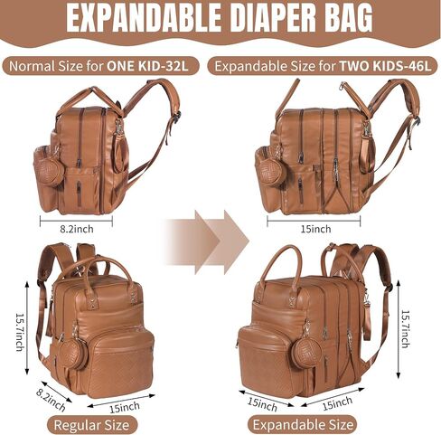 HOMBYS PU Leather Baby Diaper Backpack for 2 Kids Large Capacity 30-42L Big Twin Diaper Bag, Waterproof Unsex Travel Baby Bag Backpack for Mom Dad, Perfect Baby Shower Gifts, Brown in Saudi Arabia