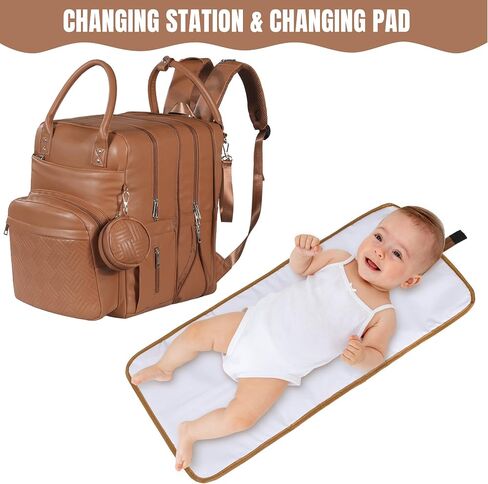 HOMBYS PU Leather Baby Diaper Backpack for 2 Kids Large Capacity 30-42L Big Twin Diaper Bag, Waterproof Unsex Travel Baby Bag Backpack for Mom Dad, Perfect Baby Shower Gifts, Brown in Saudi Arabia