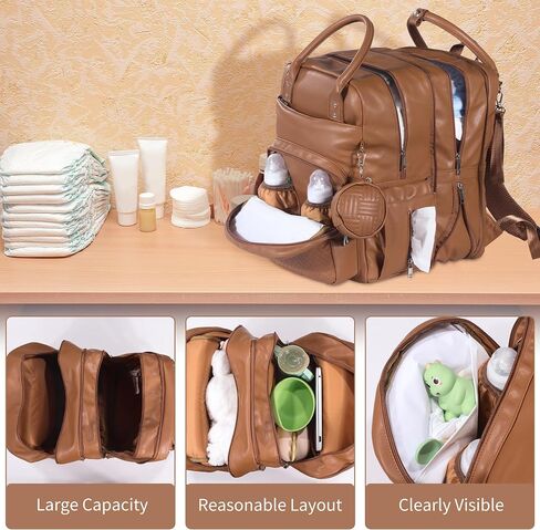 HOMBYS PU Leather Baby Diaper Backpack for 2 Kids Large Capacity 30-42L Big Twin Diaper Bag, Waterproof Unsex Travel Baby Bag Backpack for Mom Dad, Perfect Baby Shower Gifts, Brown in Saudi Arabia