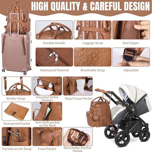 HOMBYS PU Leather Baby Diaper Backpack for 2 Kids Large Capacity 30-42L Big Twin Diaper Bag, Waterproof Unsex Travel Baby Bag Backpack for Mom Dad, Perfect Baby Shower Gifts, Brown in Saudi Arabia