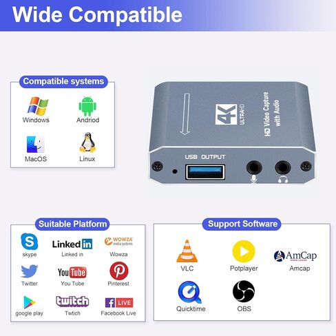 بطاقة التقاط NEWCARE 4K للبث المباشر، بطاقة التقاط ألعاب 1080P 60FPS مع USB C وميكروفون HDMI Loop-Out، بطاقة التقاط للتسجيل متوافقة مع PS5، Nintendo Switch، الكمبيوتر الشخصي، الكاميرا in Kuwait