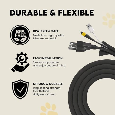 Paws & Wires Cord Cover for Pets - Black, 10ft - Cord Protector from Pets No Chew - Durable PET Cable Protector for Dogs, Cats and Other Pets - Keep Cats from Chewing Cords with A Cable Sleeve in Saudi Arabia
