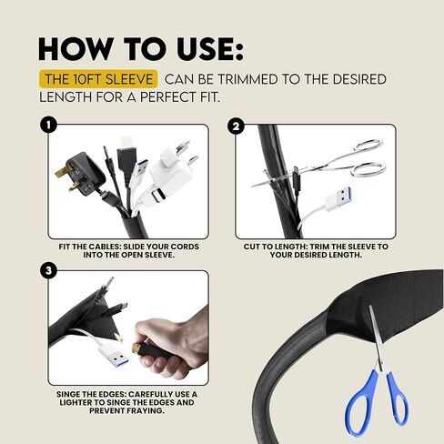 Paws & Wires Cord Cover for Pets - Black, 10ft - Cord Protector from Pets No Chew - Durable PET Cable Protector for Dogs, Cats and Other Pets - Keep Cats from Chewing Cords with A Cable Sleeve in Saudi Arabia