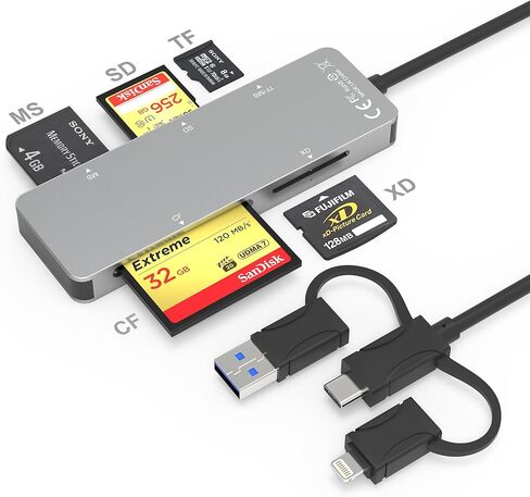محول Memory Stick Pro Duo لأجهزة iPhone/USB-C/USB 3.0 بسرعة 5 جيجابت في الثانية عالية السرعة - قارئ بطاقات ذاكرة 6 في 3 من الألومنيوم SD/TF/M2/CF/MS/XD، قارئ بطاقات الصور Olympus XD يقرأ 5 بطاقات في وقت واحد in Kuwait