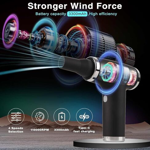 2nd Generation Premium Portable Compressed Mini Air Duster, Quieter and Longer Life Brushless Motor Cordless Air Duster 110000 RPM Keyboard Cleaner (Black) in Saudi Arabia