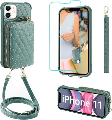 حافظة محفظة بسحاب من MONASAY مناسبة لهاتف iPhone 11، [واقي شاشة زجاجي] [حجب RFID] غطاء هاتف جلدي قابل للطي مع حامل بطاقة وحزام كتف قابل للفصل، أخضر فاتح in Kuwait