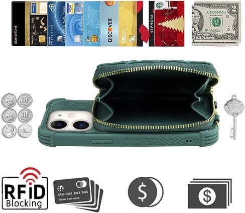 حافظة محفظة بسحاب من MONASAY مناسبة لهاتف iPhone 11، [واقي شاشة زجاجي] [حجب RFID] غطاء هاتف جلدي قابل للطي مع حامل بطاقة وحزام كتف قابل للفصل، أخضر فاتح in Kuwait