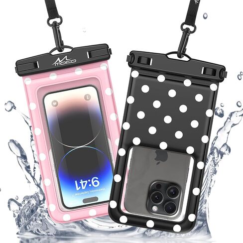 MoKo Large Waterproof Phone Pouch - 2 Pack Floating Water Protector Case Dry Bag with Detachable Lanyard, Compatible for iPhone 15 14 13 Pro Max, Galaxy S23 S22 Ultra, Black+Pink in Saudi Arabia