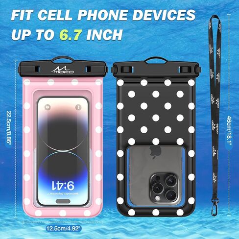 MoKo Large Waterproof Phone Pouch - 2 Pack Floating Water Protector Case Dry Bag with Detachable Lanyard, Compatible for iPhone 15 14 13 Pro Max, Galaxy S23 S22 Ultra, Black+Pink in Saudi Arabia