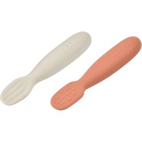 BEABA Set of 2 Silicone Pre-Spoons, For Babies 4-8 Months, Ultra-Soft Silicone Spoons to Help with Self Feeding, Designed with Specialist, Baby Utensils, Sage/Grey