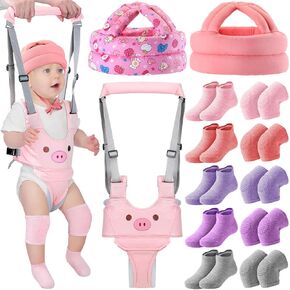 Leumoi 13 Pcs Baby Safety Helmet Infant Baby Walking Harness with Anti Slip Knee Pads for Crawling Toddler Socks 2 No Bumps Baby Head Protector 1 Adjustable Walking Assistant (Blue Bear)