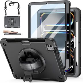 جراب لجهاز iPad Pro 11 بوصة M4 2024: غطاء TPU لجهاز iPad Pro 11 الجيل الخامس مع واقي شاشة - حامل - مقبض - حزام كتف - حامل أقلام - أسود