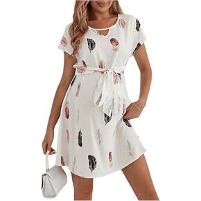 OYOANGLE Women's Maternity Graphic Print Cut Out Round Neck Short Sleeve Belted Dress