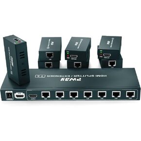 GREATHTEK HDMI Extender Splitter 1x7 7 Port Over CAT5E/CAT6/CAT7 Ethernet Cable with an HDMI Loop Out & POC Function & EDID Management –Up to 50m (165ft) at 1080p 60Hz