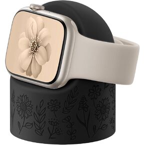 Floral Charger Stand Compatible with Apple Watch Series 9/8/SE2/SE/Ultra2/Ultra/7/6/5/4/3/2/1 (49mm 45mm 44mm 42mm 41mm 40mm 38mm), Silicone Charger Stand, Supports Nightstand Mode, Black