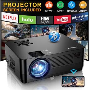 5G WiFi Bluetooth Native 1080P Projector[Projector Screen Included], CEBORY15000LM Full HD Movie Projector, 300" Display Support 4k Home Theater,Compatible with iOS/Android/XBox/PS4/TV Stick/HDMI