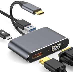 USB C to HDMI VGA Multiport Adapter, USB Type C 4 in 1 Hub to 4K HDMI/VGA/USB3.0/PD, Compatible with MacBook Pro, MacBook Air, iPad Pro, Pixelbook, XPS etc