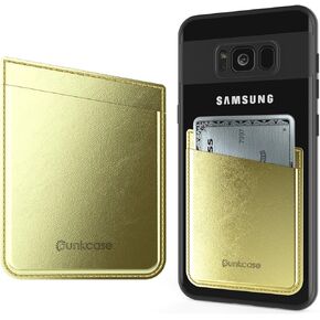 PunkCase CardStud Deluxe Stick On Wallet | Adhesive Card Holder Attachment for Back of Phone | Prime Genuine Leather Pouch | Discreet & Secure [Gold]