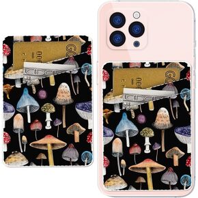 Phone Card Holder, Dual Pocket Leather Phone Wallet for Women and Men, 3M Adhesive Sticker on, Credit Card Holder for Phone Case Compatible with Most Phone(Different Mushrooms)