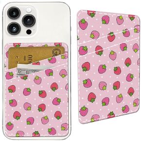 Leather Phone Card Holder Phone Wallet, Dual Pocket Credit Card Holder, Cute Stick-On Wallet for Phone Case Compatible with Most of Cell Phone Cute Strawberry