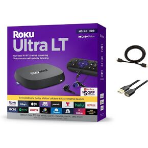 Roku Ultra LT Streaming Device 4K/HDR/Dolby Vision/Dual-Band Wi-Fi with Roku Voice Remote and HDMI Cable, with MTC HDMI Cable and USB Extension Cord