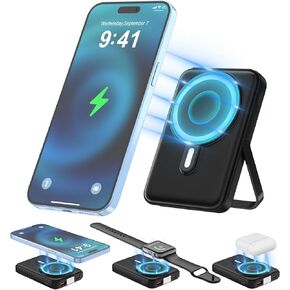 Wireless Portable Charger,3-in-1 Magnetic Power Bank 10000mAh with LED Display,22.5W Fast Charging Mag-Safe Battery Pack,Compatible with iPhone 15/14/13/12, Apple Watch Series, Airpods (Black)