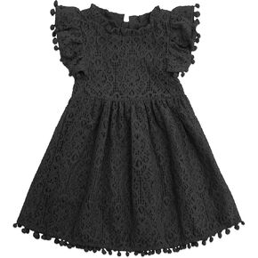 Toddler Girls Lace Dress Pom Pom Ruffle Sleeve Kids Party Birthday Princess Dresses for Age 12 Months-5 Years