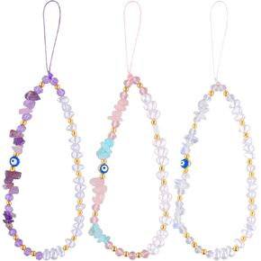 3pcs Beaded Phone Charms, Anti-Lost Evil Eye Beaded Lanyard Evil Eye Phone Bracelet Keychain Cute Cell Phone String Chain Strap Beaded for Men Women Couple Gift Phone Accessory (3 Colors)