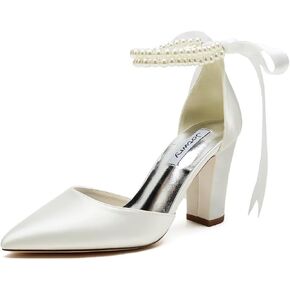 High Block Heel Wedding Shoes for Bride Pointed Toe Pearl Wedding Heels Bridal Shoes