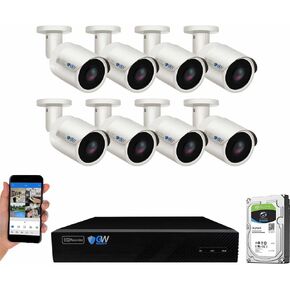 GW Security 8 Channel 4K NVR 8MP AI Human & Vehicle Smart Detection Security Camera System with 8 UHD 4K 2160P Microphone PoE Outdoor/Indoor Weatherproof IP Security Bullet Camera (White)