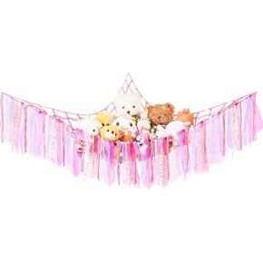 Dahey Stuffed Animal Net or Hammock with String Light Macrame Toy Holder Wall Corner Hanging Storage Organizer Plush Net Hammock Colorful Tassels Boho Decor for Nursery Kid Playroom Bedroom, Pink