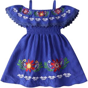 FYMNSI Mexican Dress for Girls Toddler Baby Cinco De Mayo Fiesta Mexican Off Shoulder Floral Embroidered Drape Casual Dress