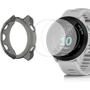 Compatible for Garmin Forerunner 55 Screen Protector with Case, Lamshaw (2+1Pack) Tempered Glass Film Full Coverage + Soft TPU Protective Case Compatible for Garmin 55 Smartwatch