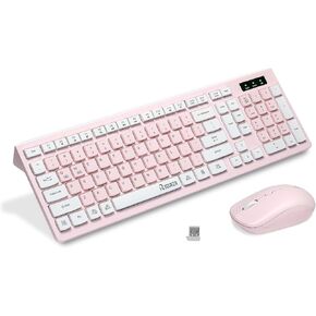 Wireless Keyboard and Mouse Combo, Reccazr 2.4G Full-Sized Keyboard and Mouse Cordless, 3 DPI Adjustable Mouse, Dual-System Keyboard for Computer/Laptop/Windows/Mac (Pink & White)