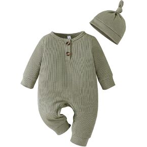 Winmany Newborn Baby Jumpsuit Hat Set Infant Long Sleeve Solid Romper Outfits Snap Closure Spring Fall Winter Clothes
