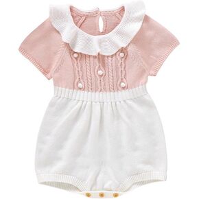 Baby Girl Romper Ruffle Neck Short Sleeve Pompoms Knit Rompers Newborn Infant Jumpsuit Summer Outfits Clothes