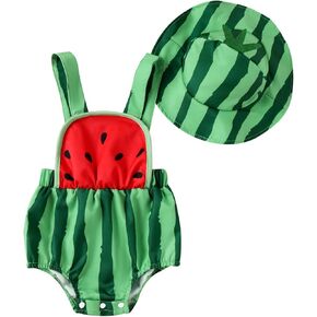 Baby Girl Boy Fruit Romper Summer Clothes Watermelon/Pineapple Square Neck Sleeveless Onesie Overalls with Hat 2 Piece