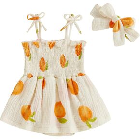 Newborn Baby Girls Fruit Print Romper Dress Sleeveless Tie Spaghetti Strap Shirred Jumpsuit Summer Clothes
