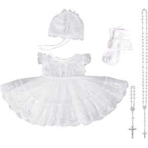 Baptism Dresses for Baby Girls - Christening Gown Baptismal Dresses with Cross Embroidered 5 PCS Lace Dress Outfit for Girls