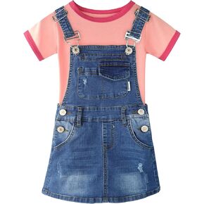 Baby & Little Girls Denim Overall Dresses Sets, Crewneck Cotton T-shirt Jeans Suspender Skirts