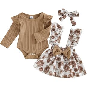 Baby Girl Clothes Fall Cute Skirt Outfits Long Sleeve Romper Floral Overall Skirt Dress Bow 3PCS Outfit
