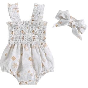 Newborn Baby Girl Summer Bodysuit Flower Print One Piece Ruffle Strap Romper Jumpsuit Playsuit with Headband
