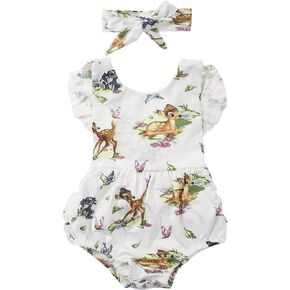 Infant Baby Girl Ruffled Cap Sleeve Sunsuit Romper with Self-tied Headband 2pcs Outfit